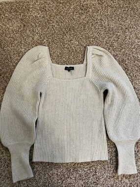 1. State Cream Ribbed Square-Neck Sweater with Puff Sleeves